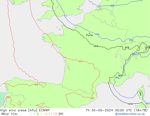 High wind areas ECMWF Čt 30.05.2024 00 UTC