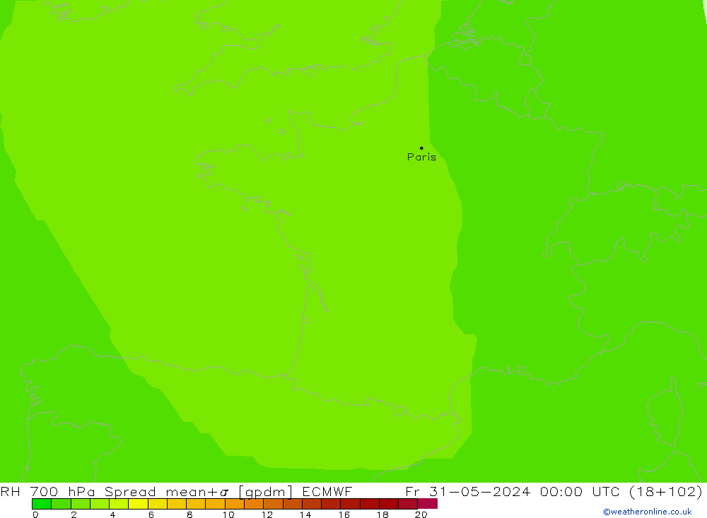 RH 700 hPa Spread ECMWF  31.05.2024 00 UTC