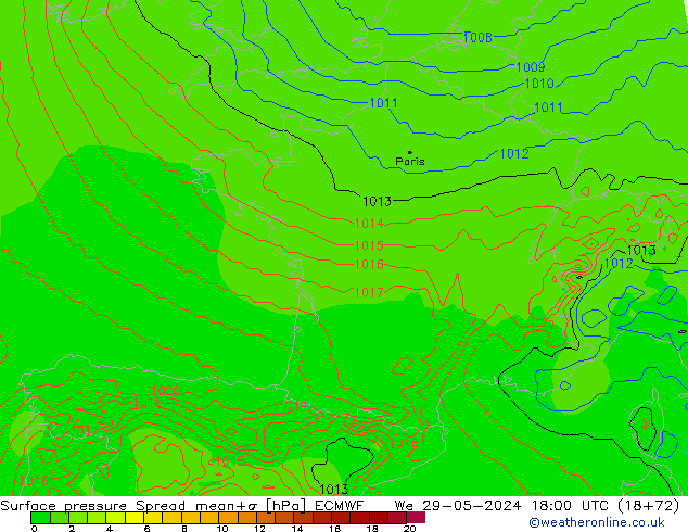 Surface pressure Spread ECMWF We 29.05.2024 18 UTC