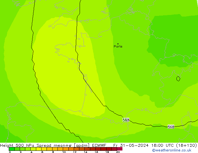 Hoogte 500 hPa Spread ECMWF vr 31.05.2024 18 UTC