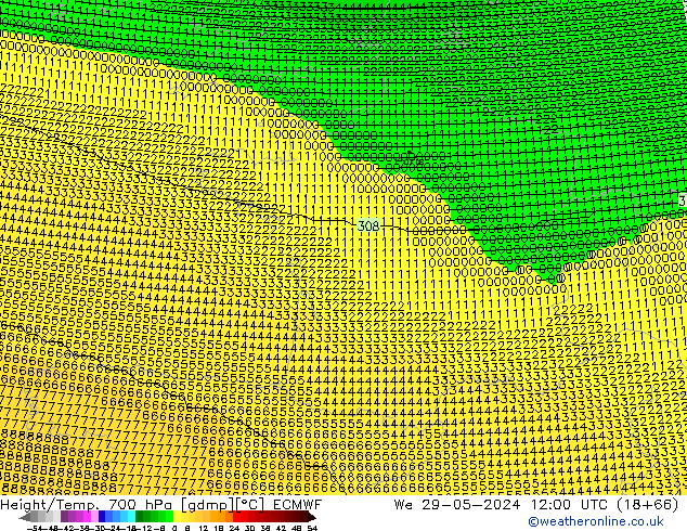 Height/Temp. 700 hPa ECMWF śro. 29.05.2024 12 UTC