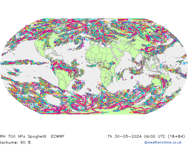 RH 700 hPa Spaghetti ECMWF Do 30.05.2024 06 UTC