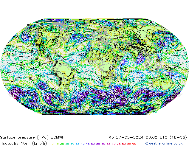 Isotachs (kph) ECMWF lun 27.05.2024 00 UTC
