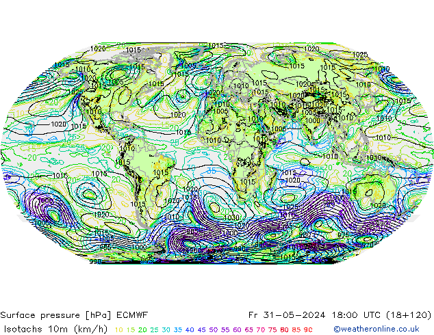 Eşrüzgar Hızları (km/sa) ECMWF Cu 31.05.2024 18 UTC