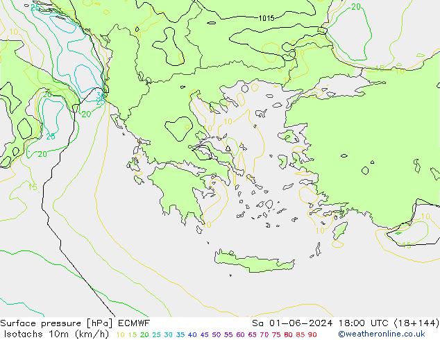 Isotachs (kph) ECMWF Sa 01.06.2024 18 UTC