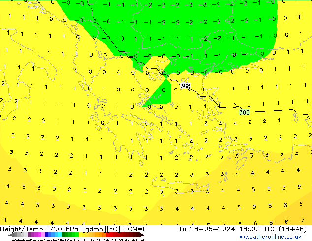 Height/Temp. 700 hPa ECMWF Di 28.05.2024 18 UTC