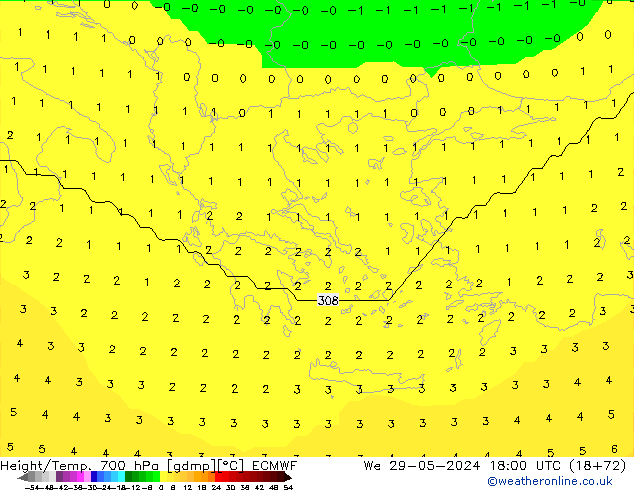 Height/Temp. 700 hPa ECMWF Qua 29.05.2024 18 UTC