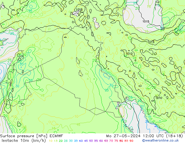 Isotachs (kph) ECMWF Mo 27.05.2024 12 UTC