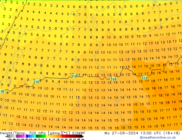 Height/Temp. 700 hPa ECMWF lun 27.05.2024 12 UTC