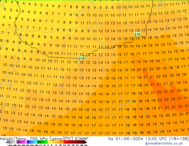 Height/Temp. 700 гПа ECMWF сб 01.06.2024 12 UTC