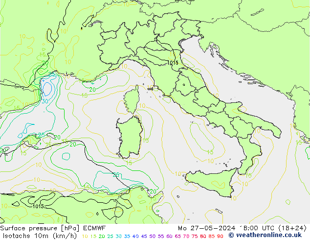 Isotachs (kph) ECMWF lun 27.05.2024 18 UTC