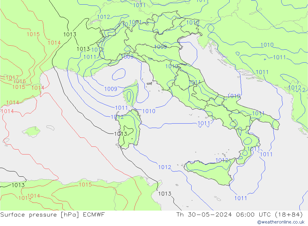 Pressione al suolo ECMWF gio 30.05.2024 06 UTC