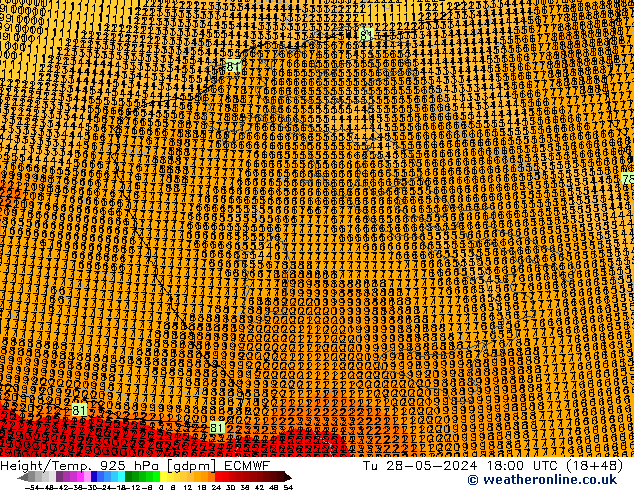 Height/Temp. 925 hPa ECMWF Tu 28.05.2024 18 UTC