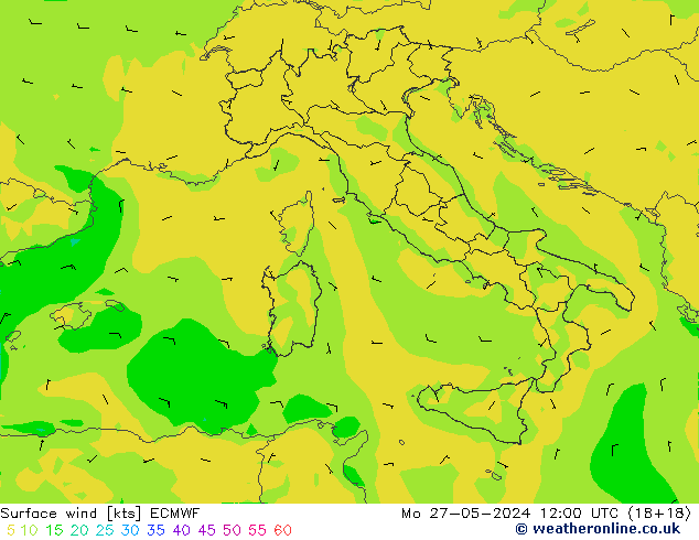 wiatr 10 m ECMWF pon. 27.05.2024 12 UTC