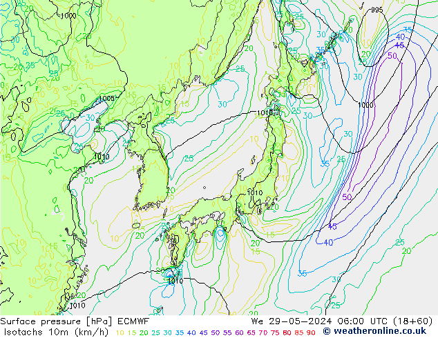 Isotachs (kph) ECMWF We 29.05.2024 06 UTC