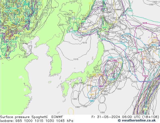 Pressione al suolo Spaghetti ECMWF ven 31.05.2024 06 UTC