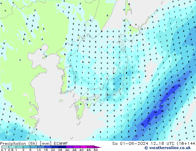 Precipitación (6h) ECMWF sáb 01.06.2024 18 UTC