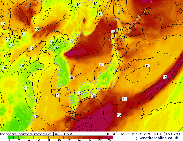 Isotachs Spread ECMWF  30.05.2024 00 UTC