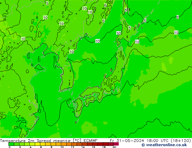 Temperatura 2m Spread ECMWF Sex 31.05.2024 18 UTC