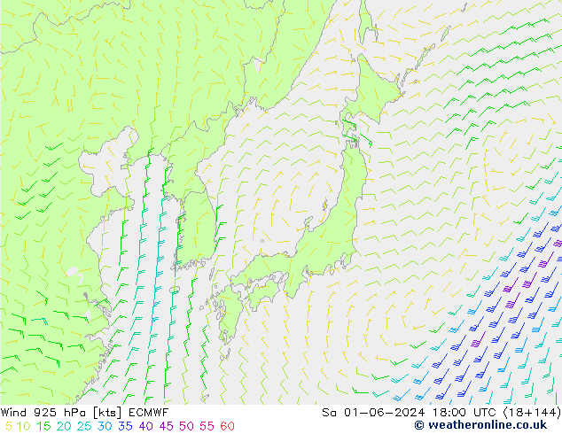 Viento 925 hPa ECMWF sáb 01.06.2024 18 UTC