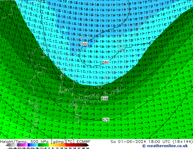 Height/Temp. 500 hPa ECMWF sab 01.06.2024 18 UTC