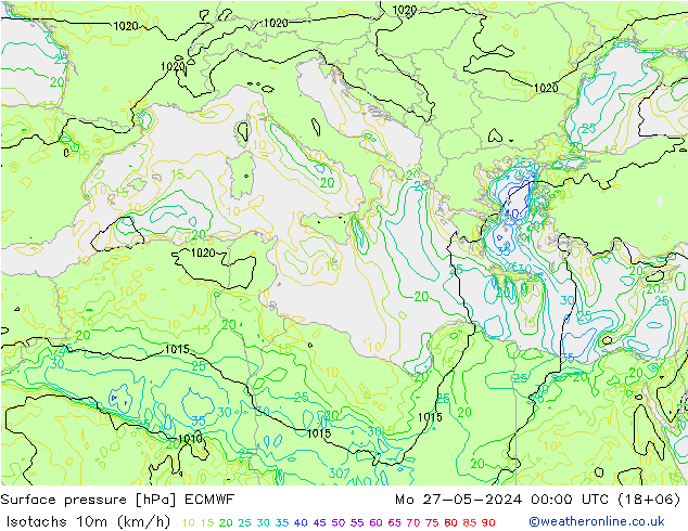 Isotachen (km/h) ECMWF ma 27.05.2024 00 UTC