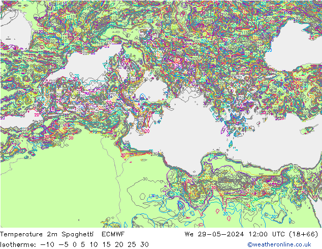 Temperature 2m Spaghetti ECMWF We 29.05.2024 12 UTC