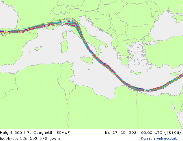 Height 500 hPa Spaghetti ECMWF Mo 27.05.2024 00 UTC