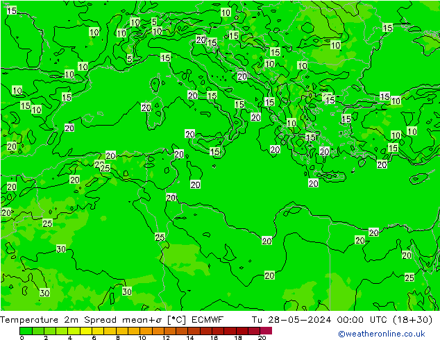 Temperature 2m Spread ECMWF Út 28.05.2024 00 UTC