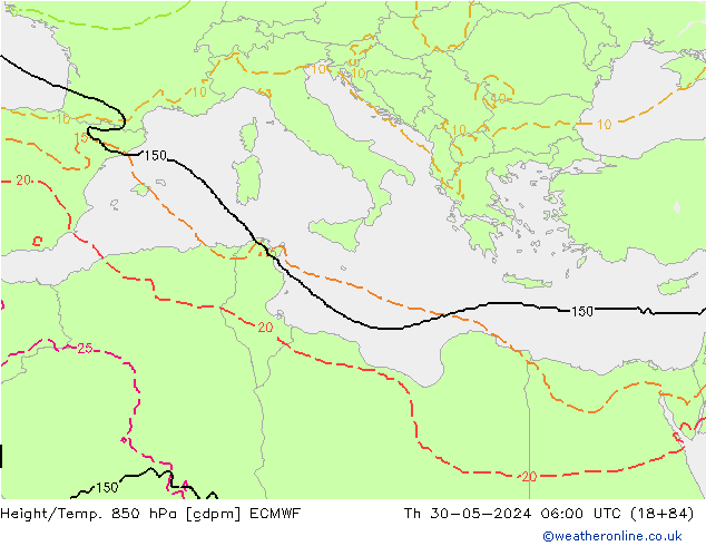 Hoogte/Temp. 850 hPa ECMWF do 30.05.2024 06 UTC