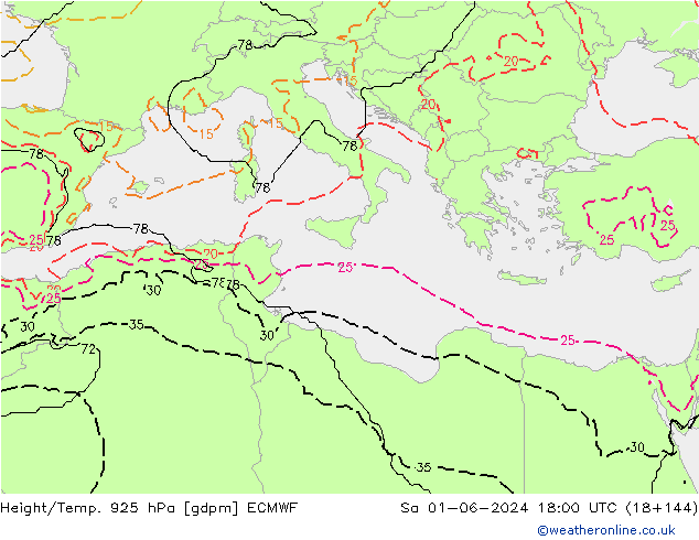 Height/Temp. 925 hPa ECMWF Sa 01.06.2024 18 UTC