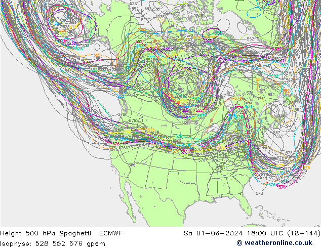 Height 500 hPa Spaghetti ECMWF Sa 01.06.2024 18 UTC