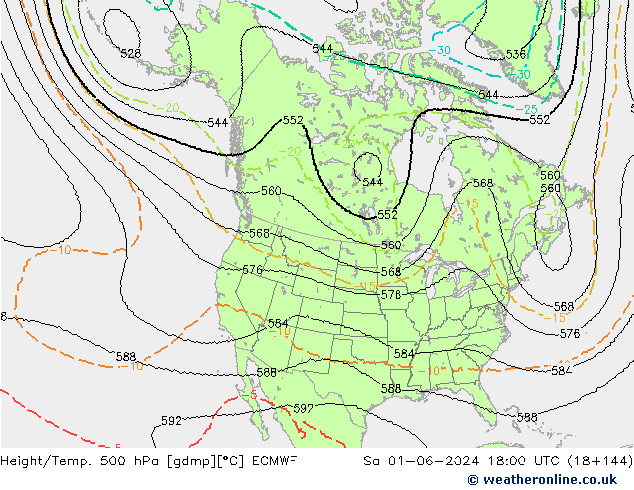 Height/Temp. 500 hPa ECMWF Sa 01.06.2024 18 UTC