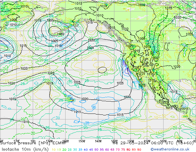 Isotachen (km/h) ECMWF Mi 29.05.2024 06 UTC