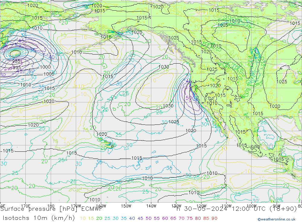 Isotachs (kph) ECMWF Čt 30.05.2024 12 UTC