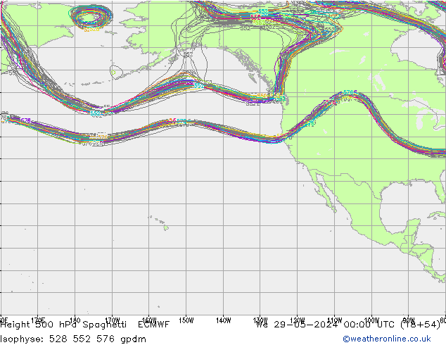 Hoogte 500 hPa Spaghetti ECMWF wo 29.05.2024 00 UTC