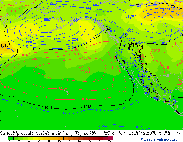 Surface pressure Spread ECMWF Sa 01.06.2024 18 UTC