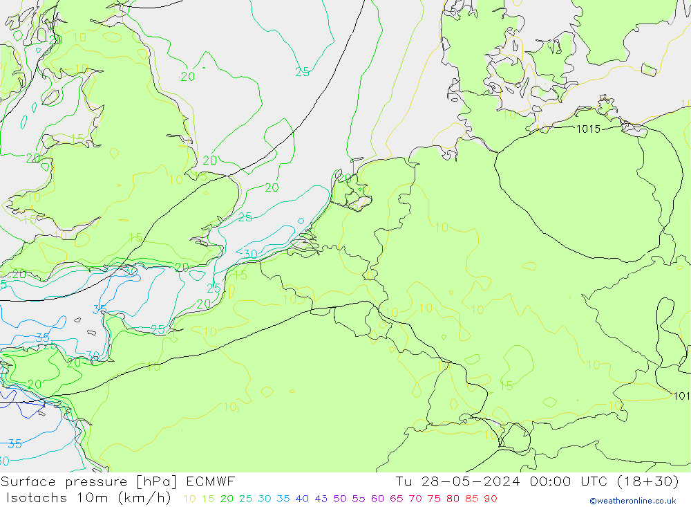 Isotachen (km/h) ECMWF Di 28.05.2024 00 UTC