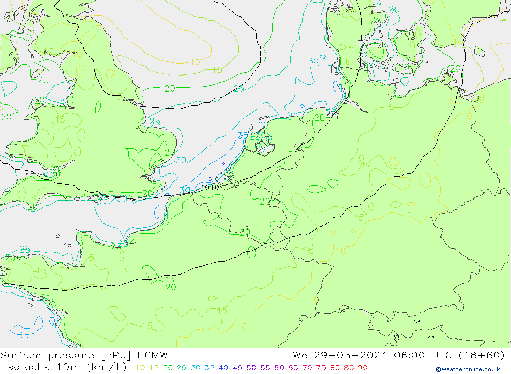 Isotachen (km/h) ECMWF wo 29.05.2024 06 UTC