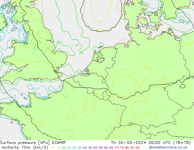 Isotachs (kph) ECMWF  30.05.2024 00 UTC