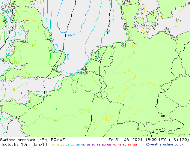 Isotachs (kph) ECMWF Fr 31.05.2024 18 UTC