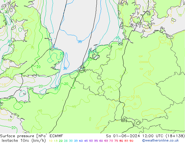 Isotachen (km/h) ECMWF za 01.06.2024 12 UTC