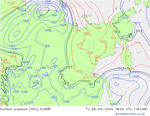 Atmosférický tlak ECMWF Út 28.05.2024 18 UTC