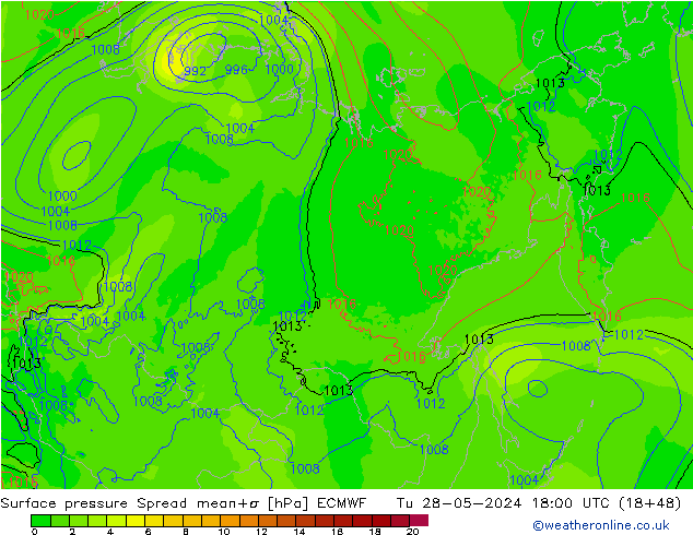 Surface pressure Spread ECMWF Tu 28.05.2024 18 UTC