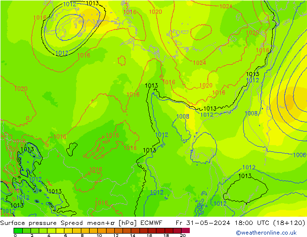 Surface pressure Spread ECMWF Fr 31.05.2024 18 UTC