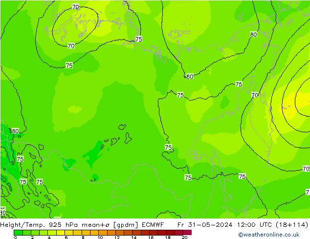 Height/Temp. 925 hPa ECMWF Pá 31.05.2024 12 UTC