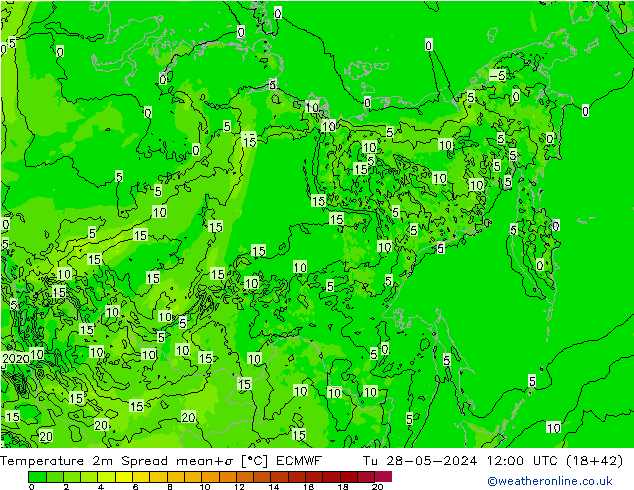 Temperature 2m Spread ECMWF Tu 28.05.2024 12 UTC