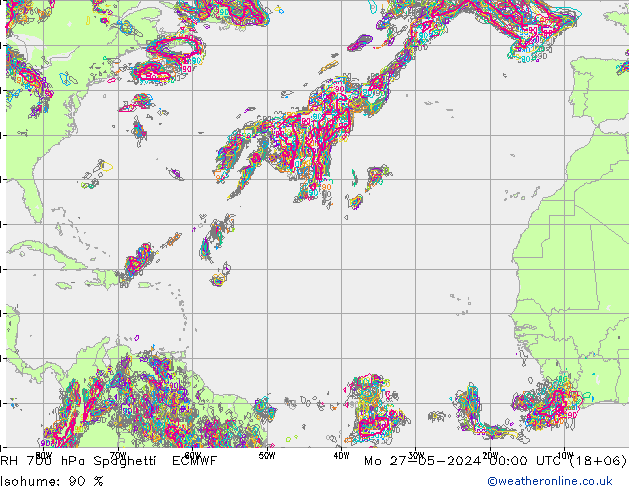 RH 700 hPa Spaghetti ECMWF Mo 27.05.2024 00 UTC