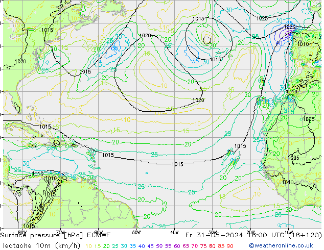 Isotachs (kph) ECMWF Sex 31.05.2024 18 UTC