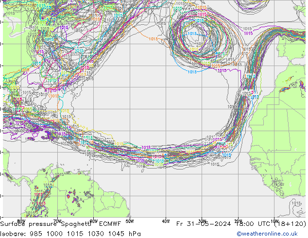 pression de l'air Spaghetti ECMWF ven 31.05.2024 18 UTC